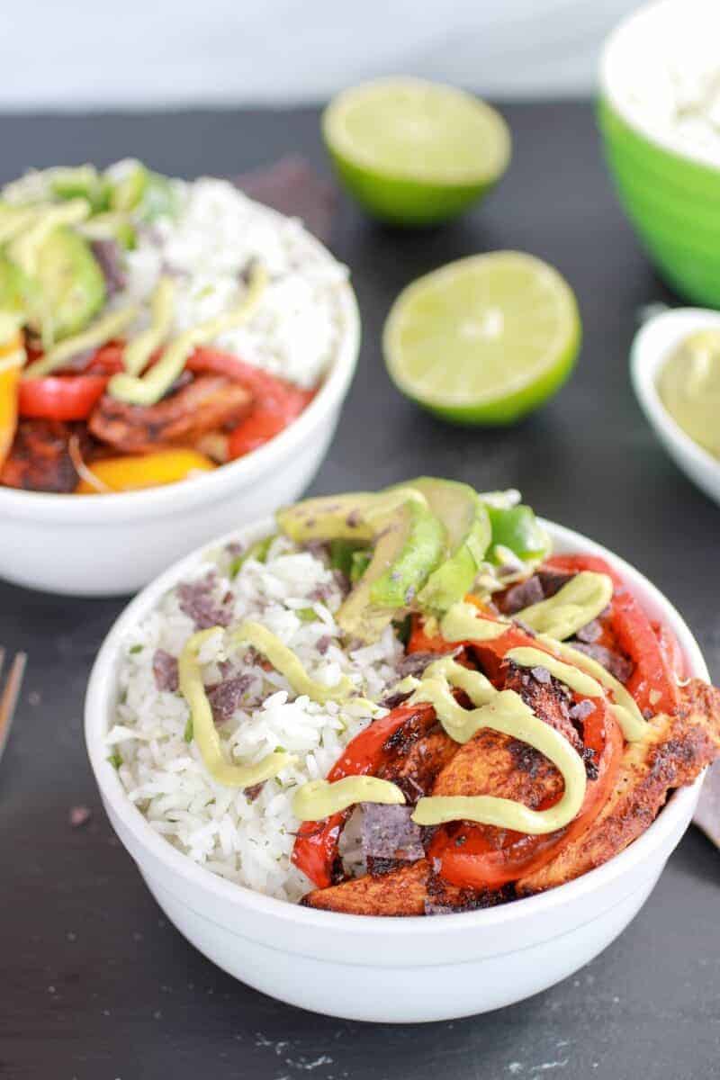 Fiesta Chicken + Cilantro Lime Rice Fajita Bowl with Avocado Chipotle Crema-1