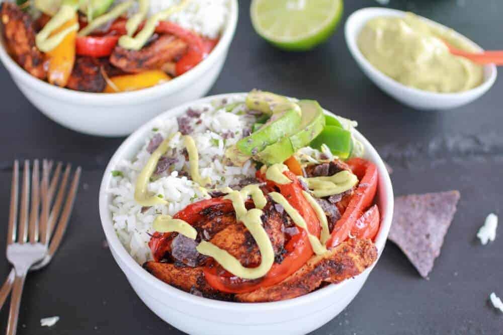Fiesta Chicken + Cilantro Lime Rice Fajita Bowl with Avocado Chipotle Crema-10