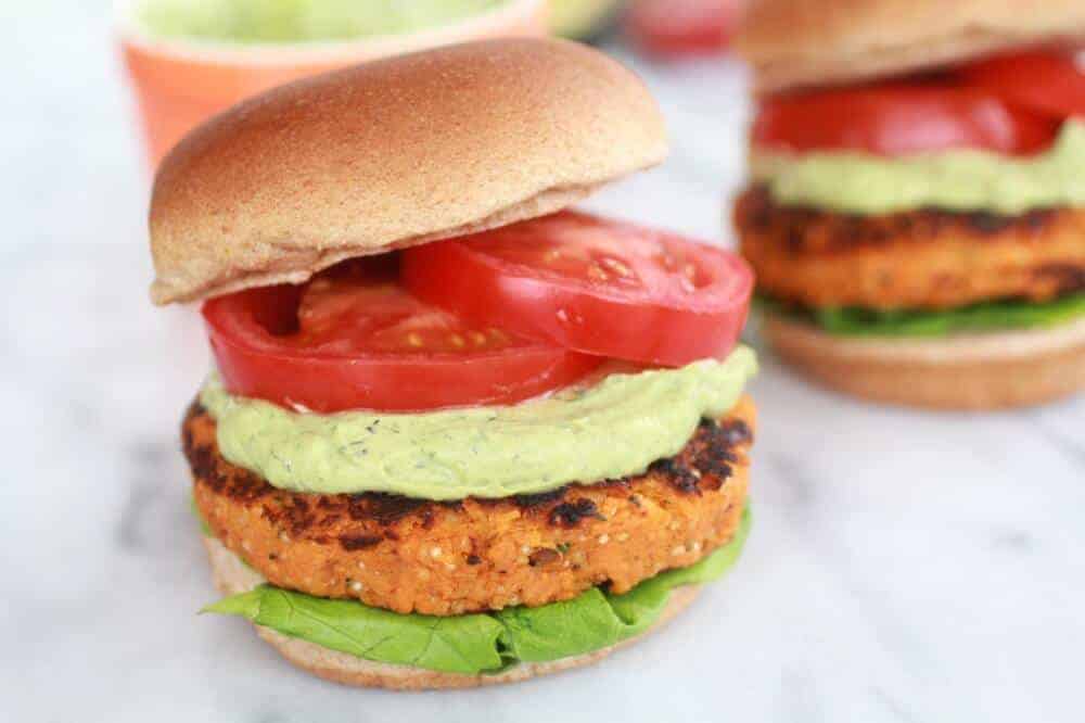 Roasted Garlic Chipotle Cheddar Sweet Potato Burgers with Avocado Ranch-14