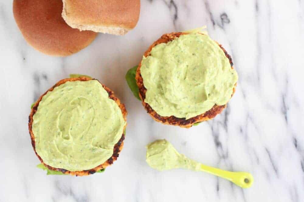 Roasted Garlic Chipotle Cheddar Sweet Potato Burgers with Avocado Ranch-4
