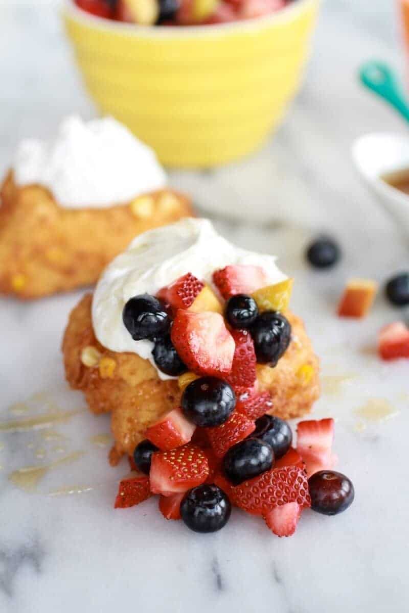 Corn Fritters with Coconut Whipped Cream and Sweet Honey Bourbon Syrup | https://fatburn.fit/