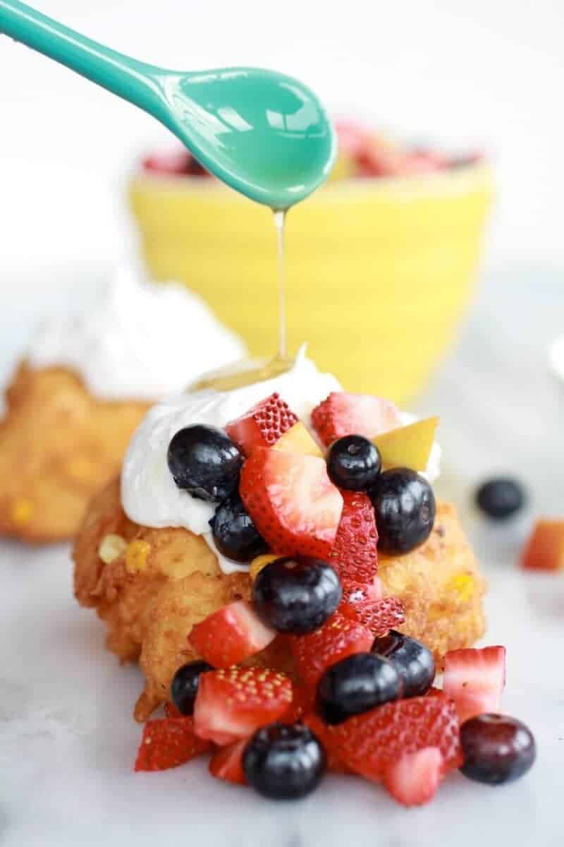 Corn Fritters with Coconut Whipped Cream and Sweet Honey Bourbon Syrup-10