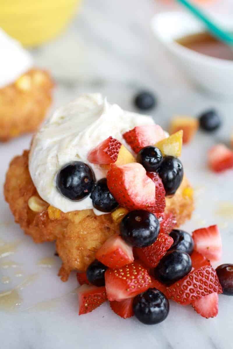 Corn Fritters with Coconut Whipped Cream and Sweet Honey Bourbon Syrup | https://fatburn.fit/