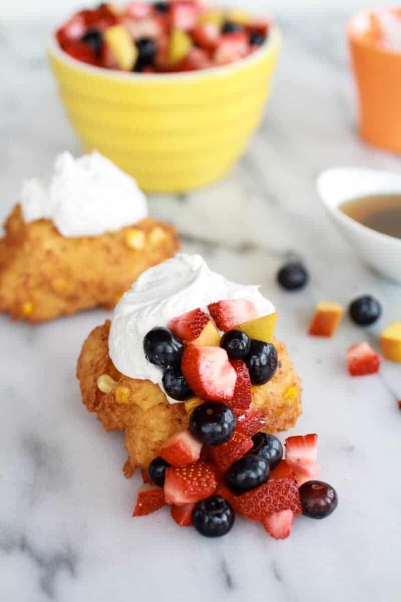 Corn Fritters with Coconut Whipped Cream and Sweet Honey Bourbon Syrup | https://fatburn.fit/