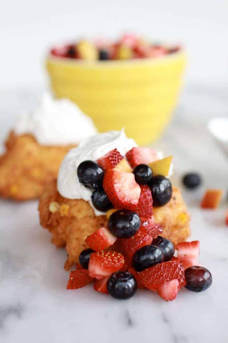 Corn Fritters with Coconut Whipped Cream and Sweet Honey Bourbon Syrup | https://fatburn.fit/