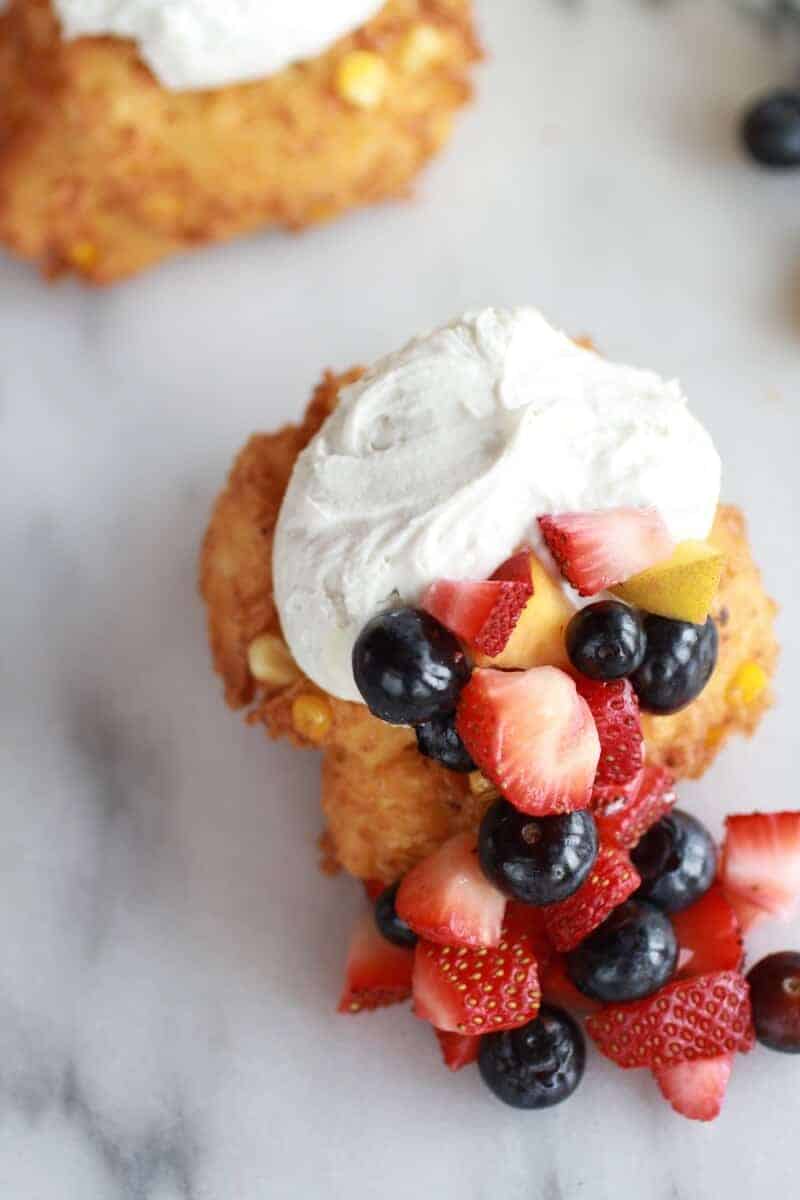 Corn Fritters with Coconut Whipped Cream and Sweet Honey Bourbon Syrup | https://fatburn.fit/