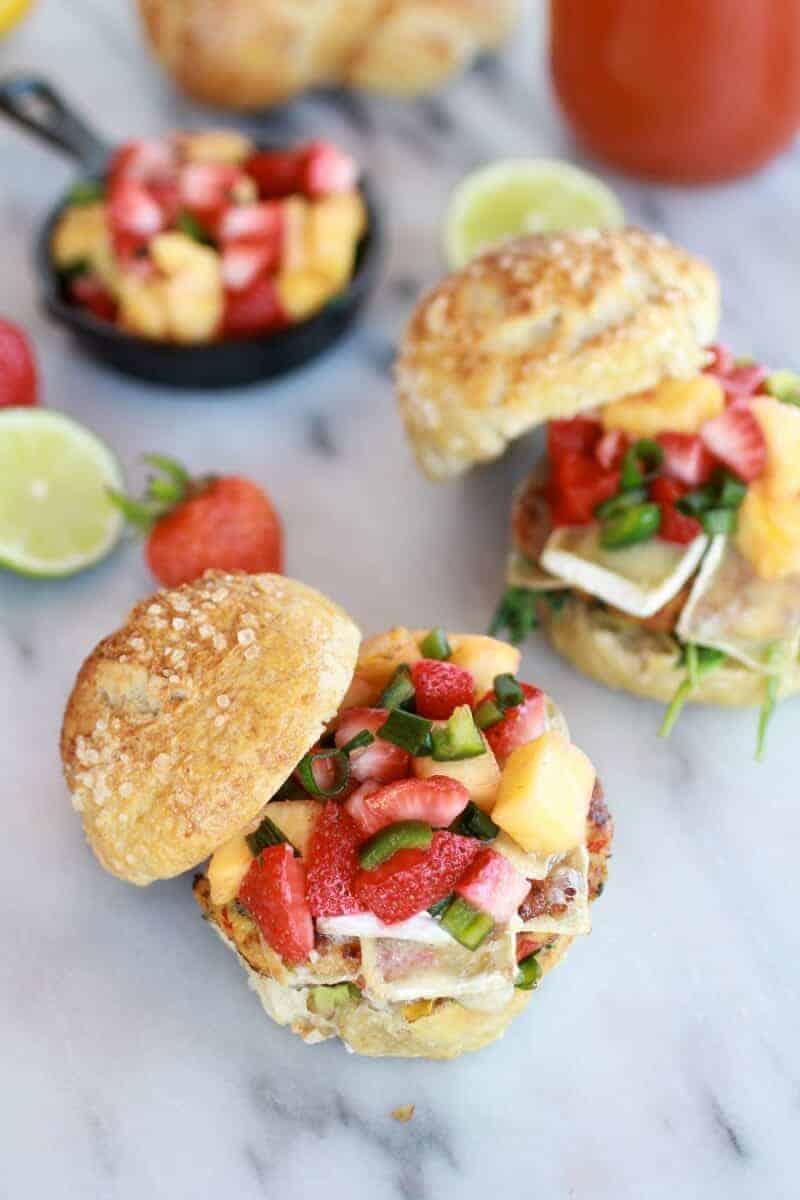 Brie Crab Cake Pretzel Slider Melts with Strawberry Pineapple Salsa | halfbakedharvest.com
