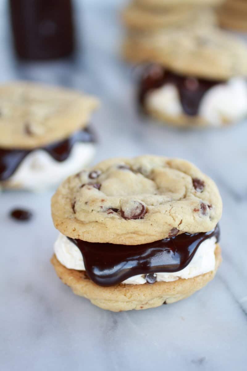 Hot Fudge Chocolate Chip Cookie Cookie Dough Ice Cream Sandwich | https://fatburn.fit/