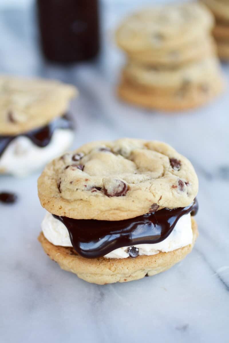Hot Fudge Chocolate Chip Cookie Cookie Dough Ice Cream Sandwich | https://fatburn.fit/