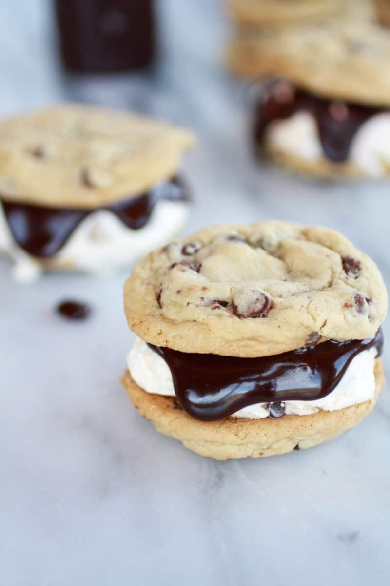 Hot Fudge Chocolate Chip Cookie Cookie Dough Ice Cream Sandwich | https://fatburn.fit/