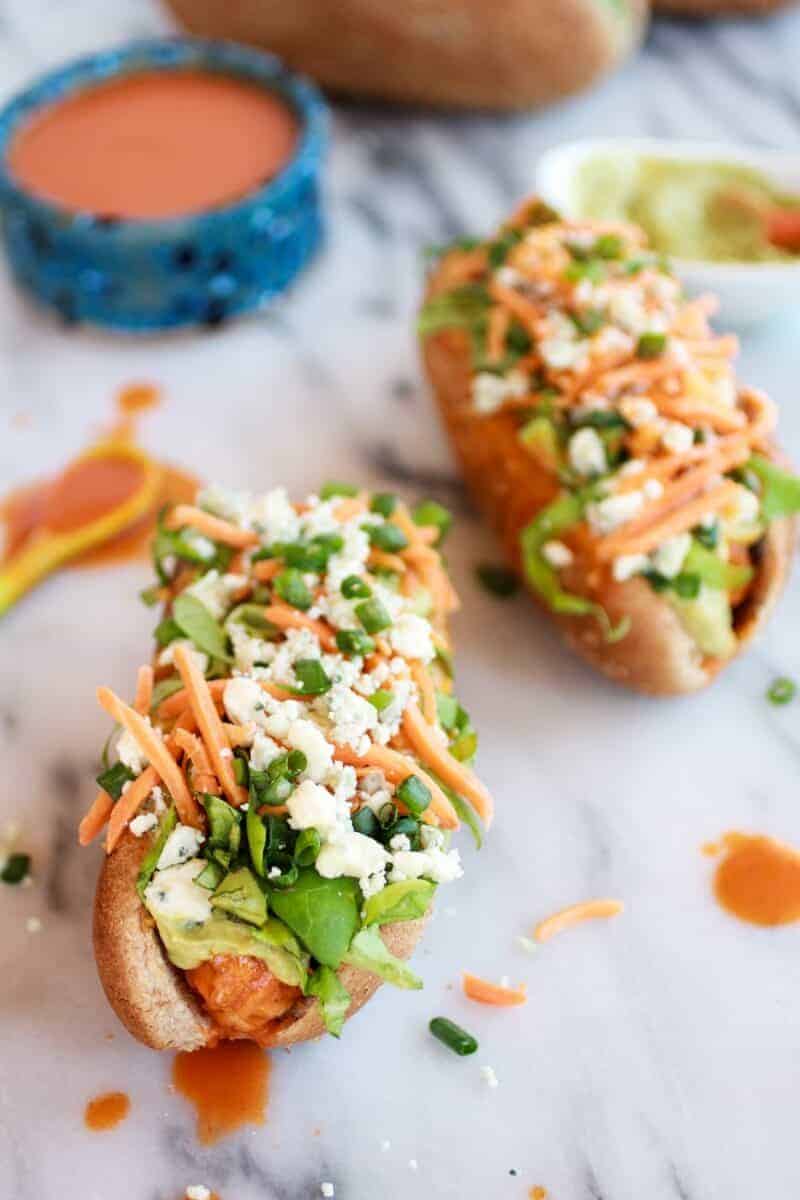 Healthy Loaded Cheddar + Blue Cheese Buffalo Chicken Dogs | halfbakedharvest.com/