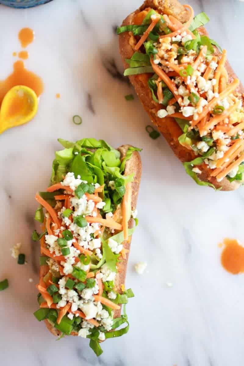 Healthy Loaded Cheddar + Blue Cheese Buffalo Chicken Dogs | halfbakedharvest.com/