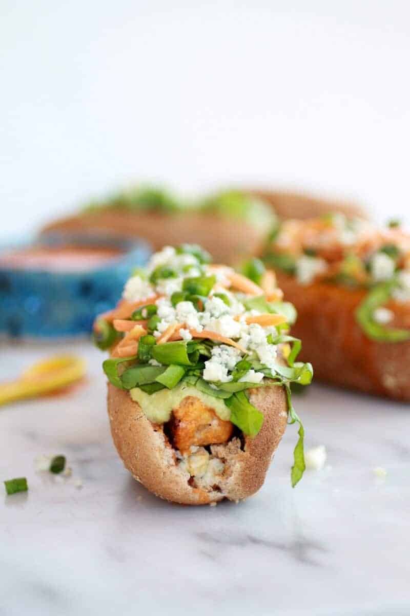 Healthy Loaded Cheddar + Blue Cheese Buffalo Chicken Dogs | halfbakedharvest.com/
