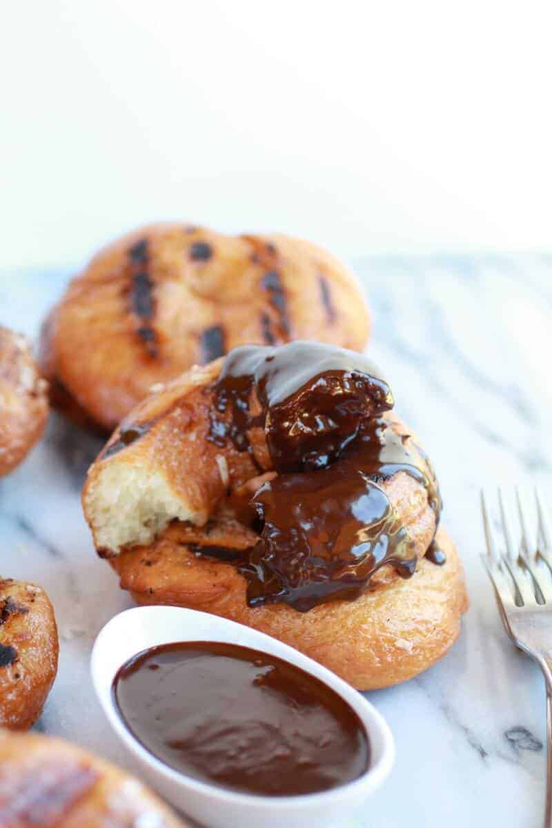 Grilled Espresso Glazed Coconut Doughnuts with Mocha Coconut Ganache | halfbakedharvest.com