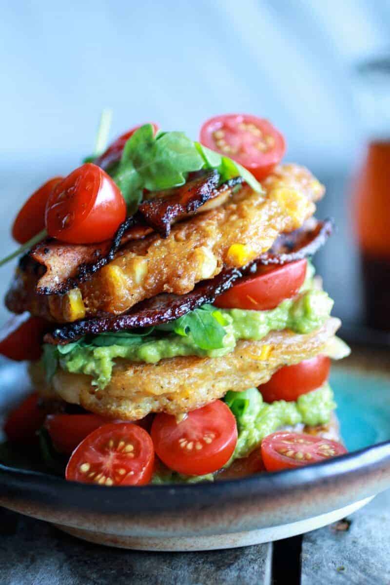 Avocado and Gouda BLT Corn Fritter Stacks with Chipotle Bourbon Dressing | halfbakedharvest.com
