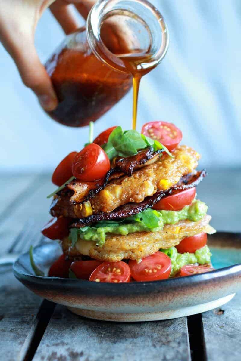 Avocado and Gouda BLT Corn Fritter Stacks with Chipotle Bourbon Dressing | halfbakedharvest.com