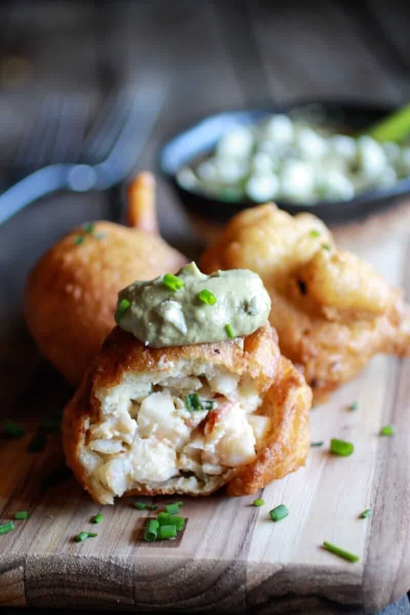 Blue Cheese Lobster Beignets with Spicy Avocado Cream + Garden Veggie Sauté | halfbakedharvest.com