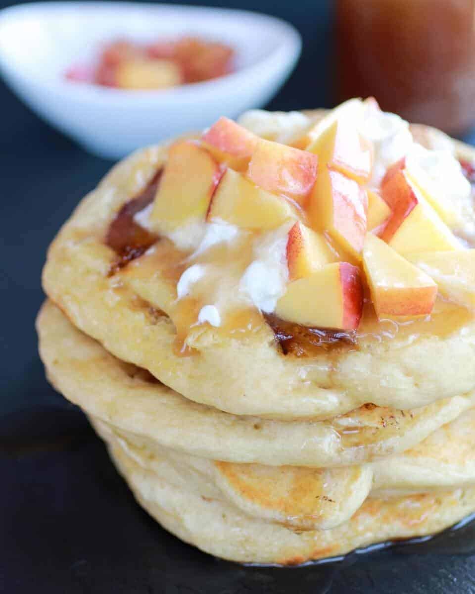 Bourbon Peaches and Coconut Cream Pancakes with Bourbon Cream Syrup | halfbakedharvest.com