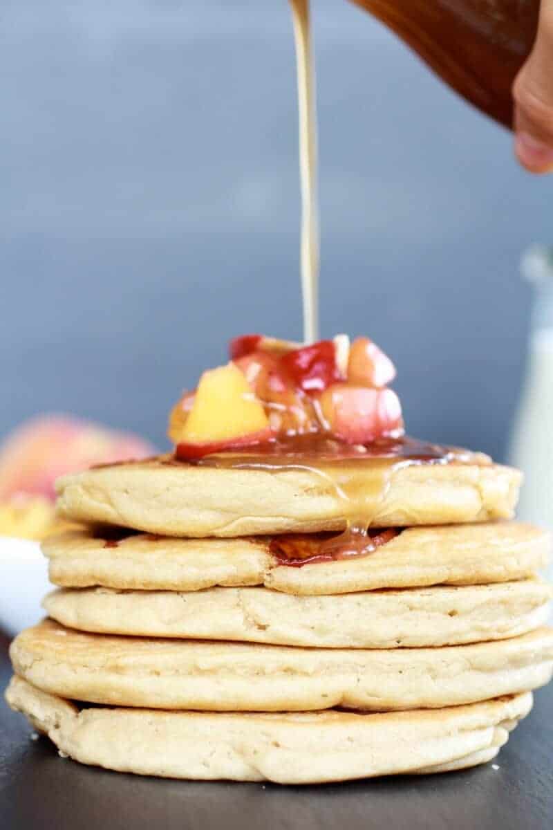 Bourbon Peaches and Coconut Cream Pancakes with Bourbon Cream Syrup | halfbakedharvest.com