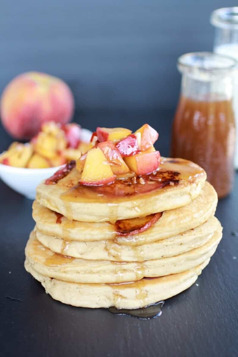 Bourbon Peaches and Coconut Cream Pancakes with Bourbon Cream Syrup | halfbakedharvest.com