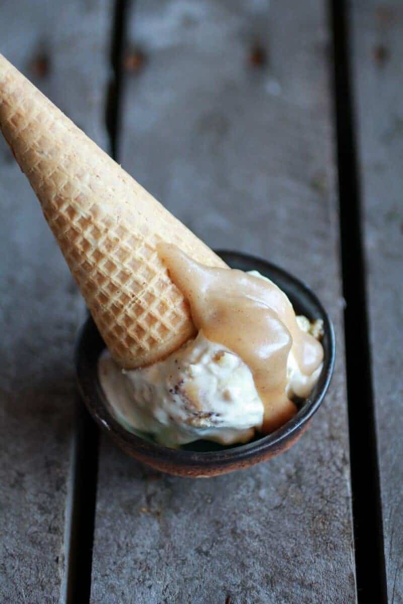 Chocolate Chip Stuffed Cinnamon Roll Ice Cream with Vanilla Bean Brown Butter Sauce | halfbakedharvest.com