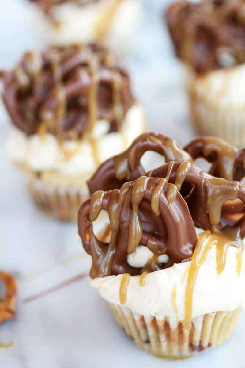 Chocolate Covered Pretzel Peanut Butter Cupcakes with Butterscotch Frosting | halfbakedharvest.com