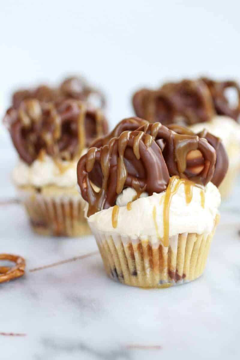 Chocolate Covered Pretzel Peanut Butter Cupcakes with Butterscotch Frosting | halfbakedharvest.com