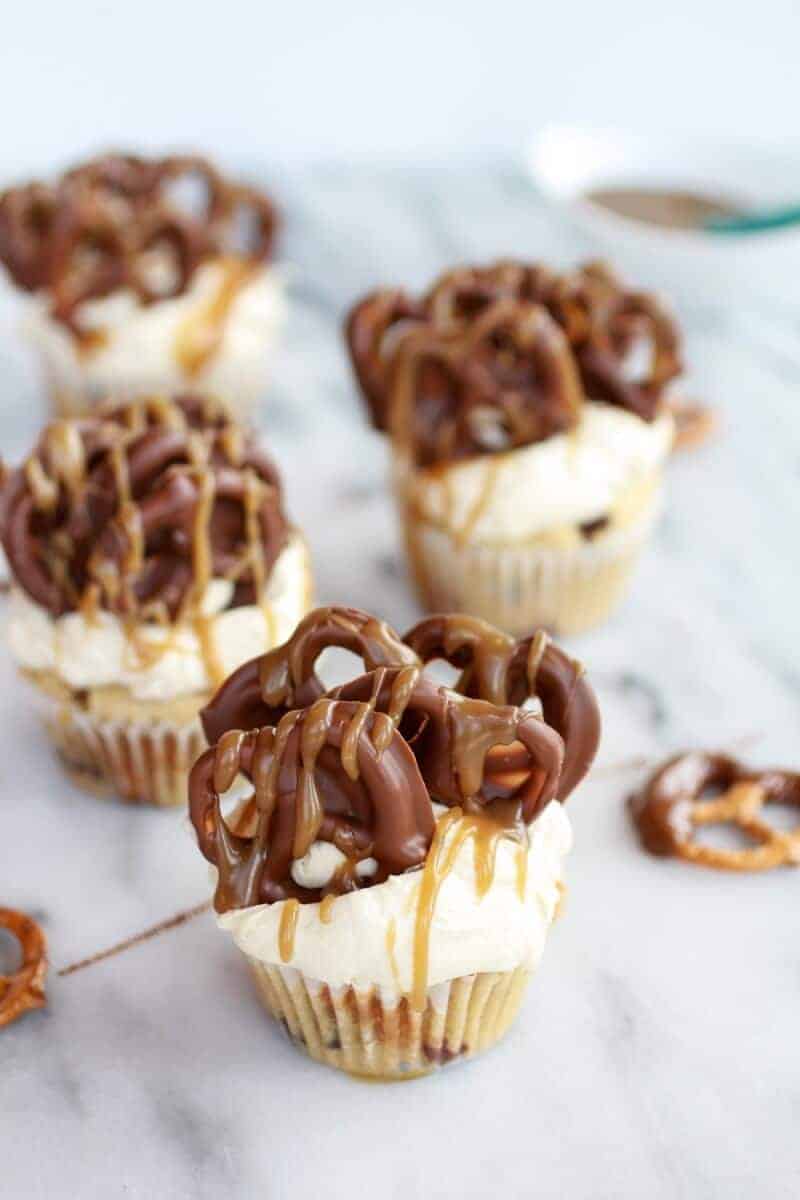 Chocolate Covered Pretzel Peanut Butter Cupcakes with Butterscotch Frosting | halfbakedharvest.com