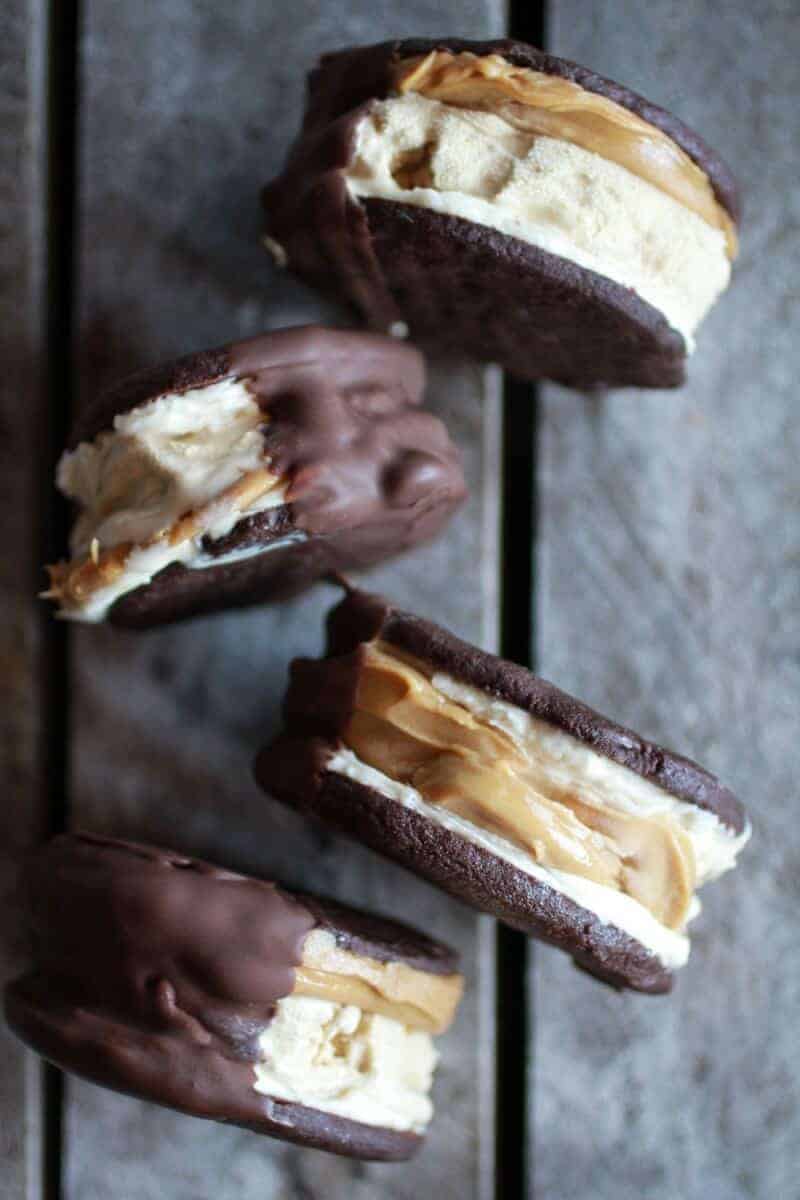 Chocolate Dipped Homemade Peanut Butter Oreo Mocha Ice Cream Sandwiches | halfbakedharvest.com