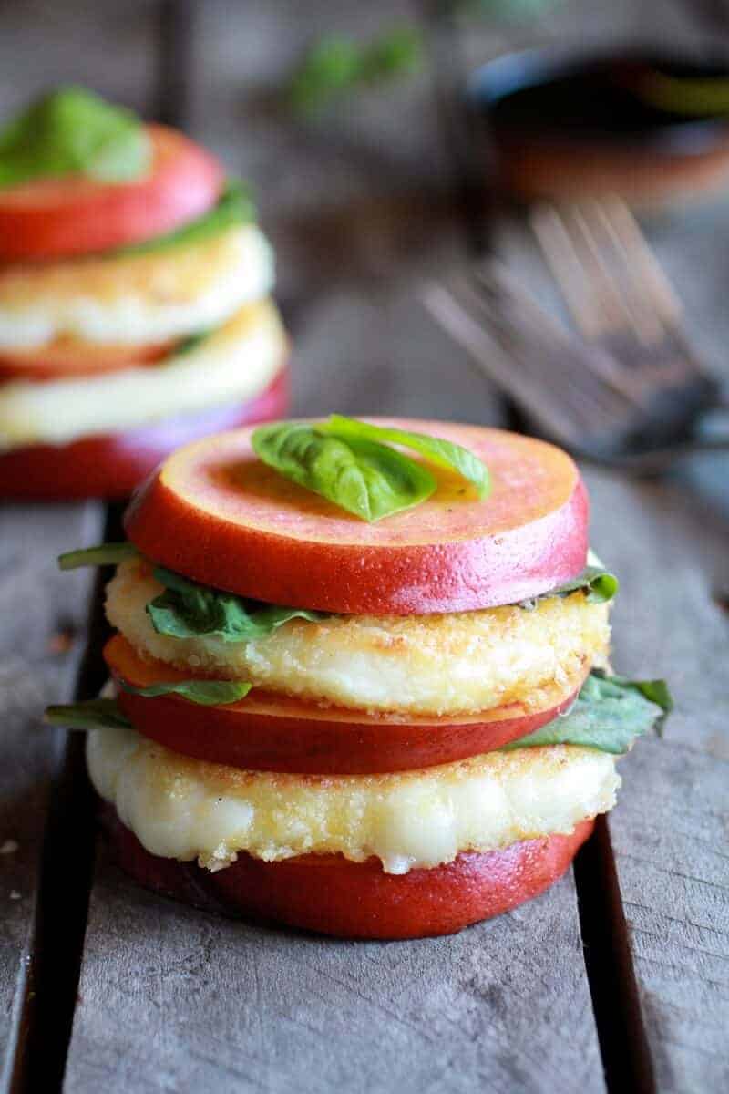 Fried Mozzarella, Basil and Nectarine Stacks with Balsamic Glaze | .halfbakedharvest.com