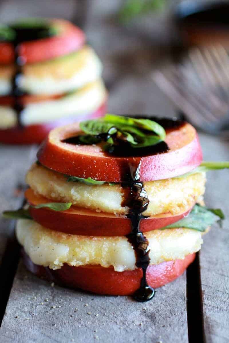 Fried Mozzarella, Basil and Nectarine Stacks with Balsamic Glaze | .halfbakedharvest.com