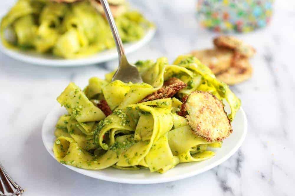 Fried Zucchini + Mint and Pistachio Pesto Pappardelle Pasta | halfbakedharvest.com