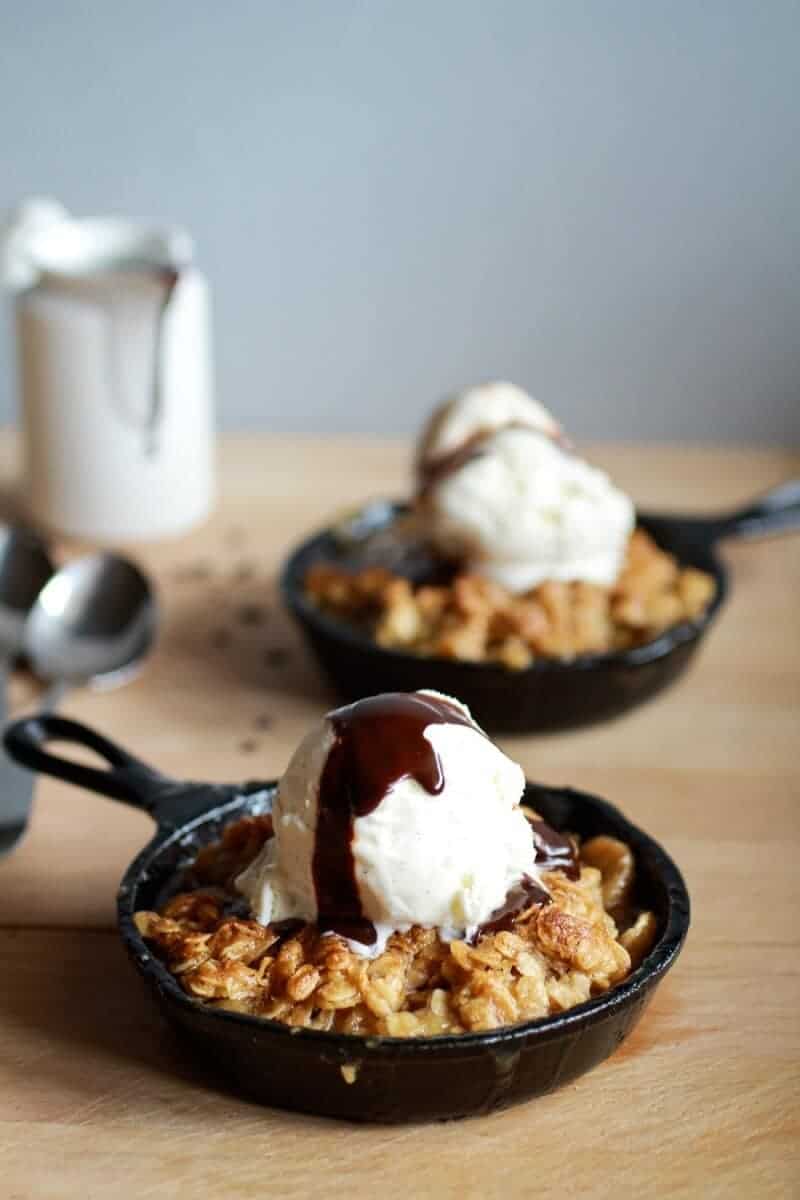 Oatmeal Cookie Banana Crisp with Chocolate Kahlua Sauce | halfbakedharvest.com