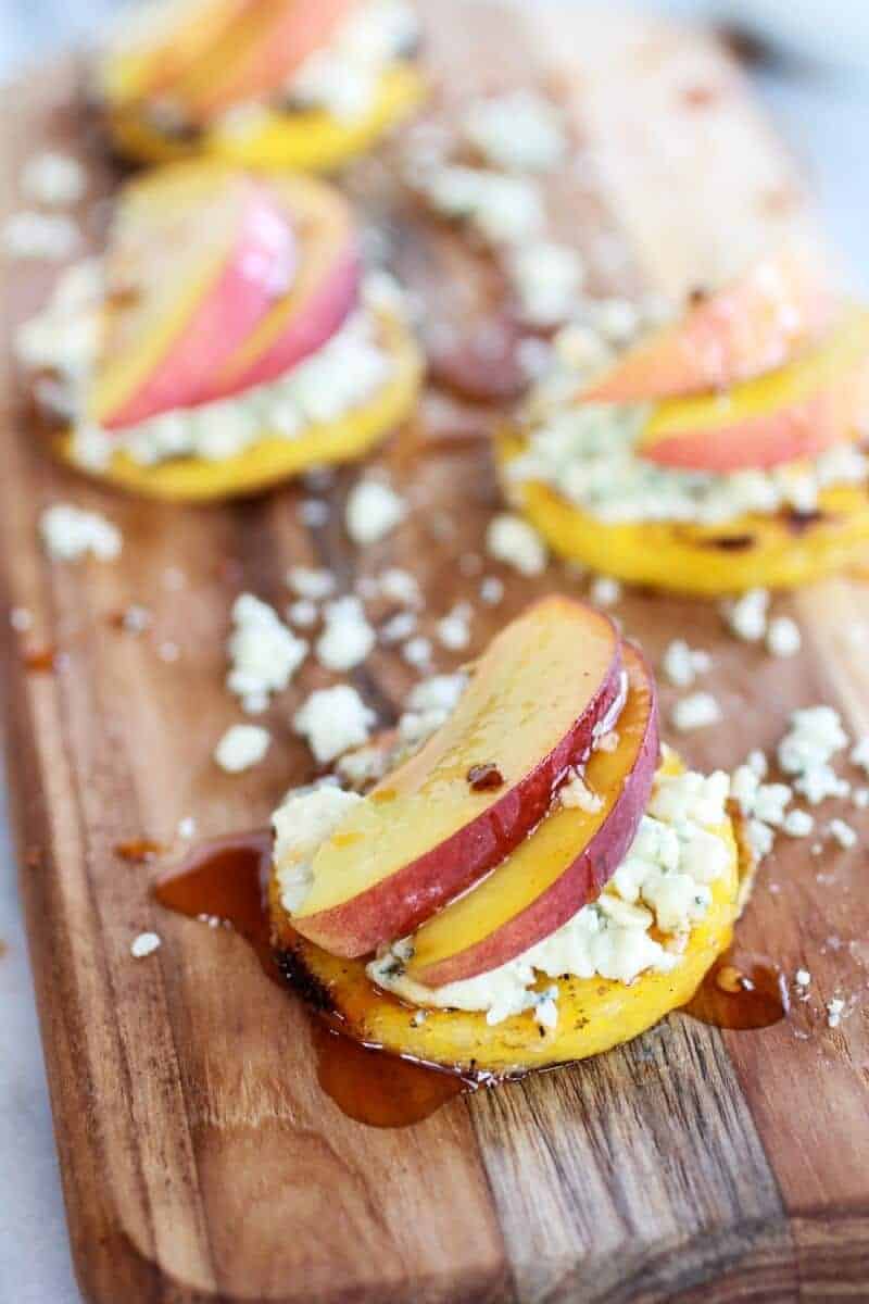 Peach and Gorgonzola Grilled Polenta Rounds with Chipotle Honey | .halfbakedharvest.com