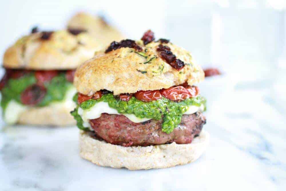 Pesto Protobella Mushroom or Chicken Burgers with Marinated Roasted Tomatoes | halfbakedharvest.com