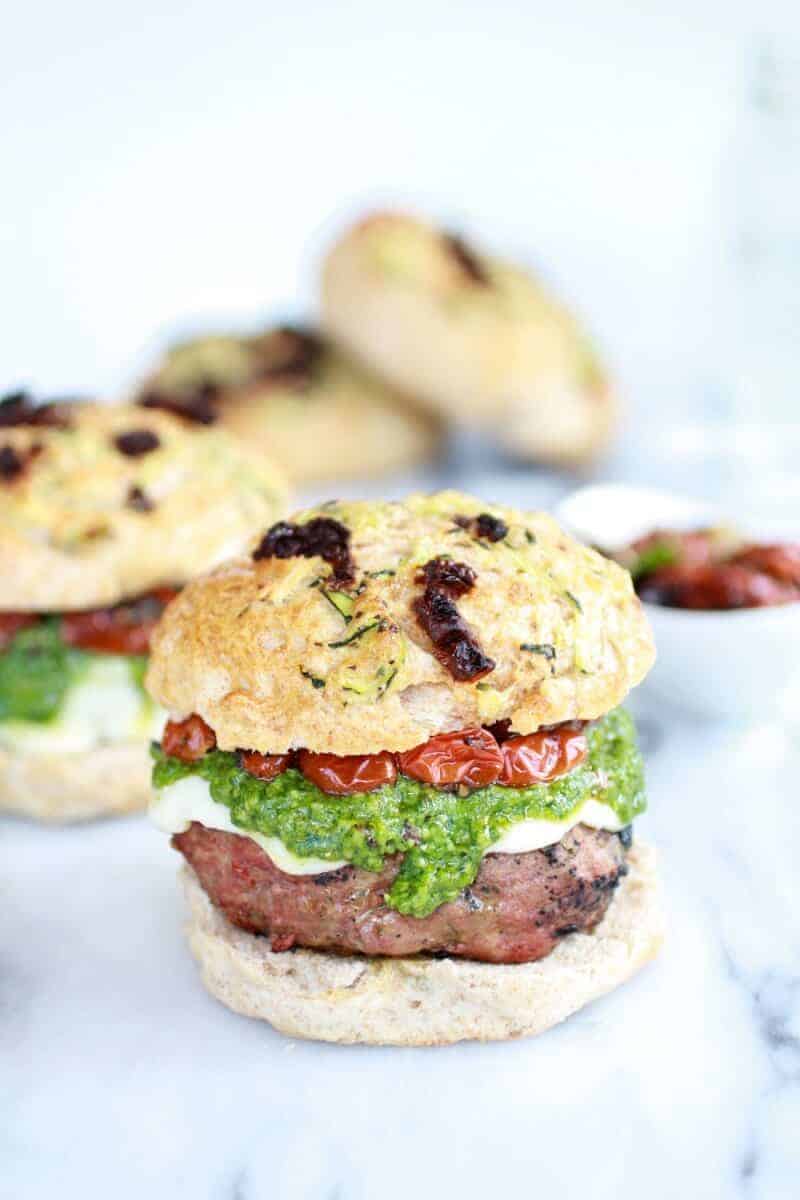 Pesto Protobella Mushroom or Chicken Burgers with Marinated Roasted Tomatoes | halfbakedharvest.com