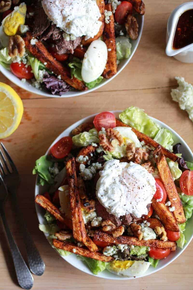 Steak and French Fry Salad with Blue Cheese Butter + Poached Eggs | halfbakedharvest.com