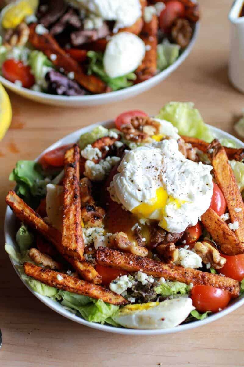 Steak and French Fry Salad with Blue Cheese Butter + Poached Eggs | halfbakedharvest.com