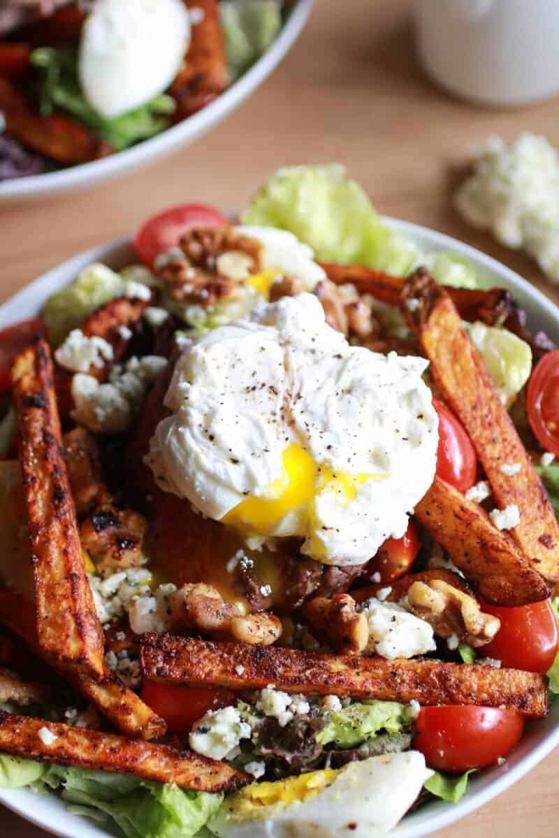 Steak and French Fry Salad with Blue Cheese Butter + Poached Eggs | halfbakedharvest.com