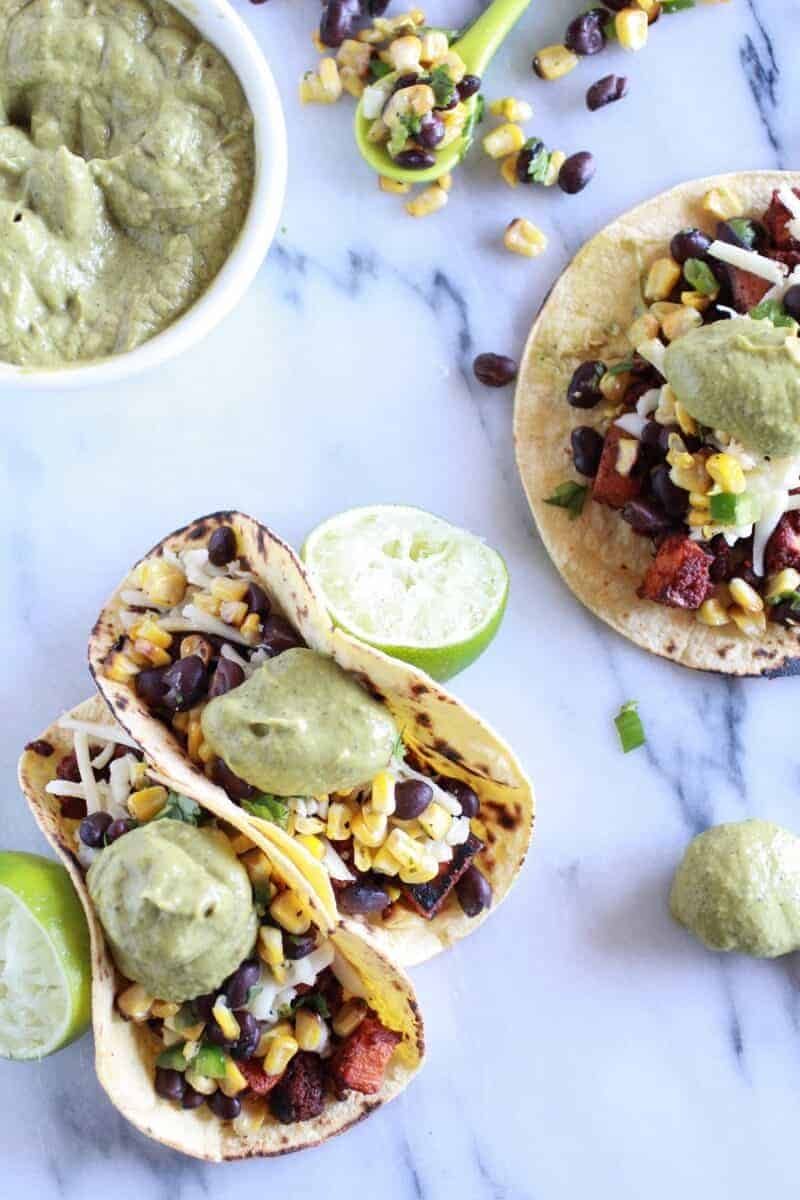 Sweet potato + Chorizo Tacos with Black Bean Salsa and Roasted Poblano Avocado Crema | halfbakedharvest.com