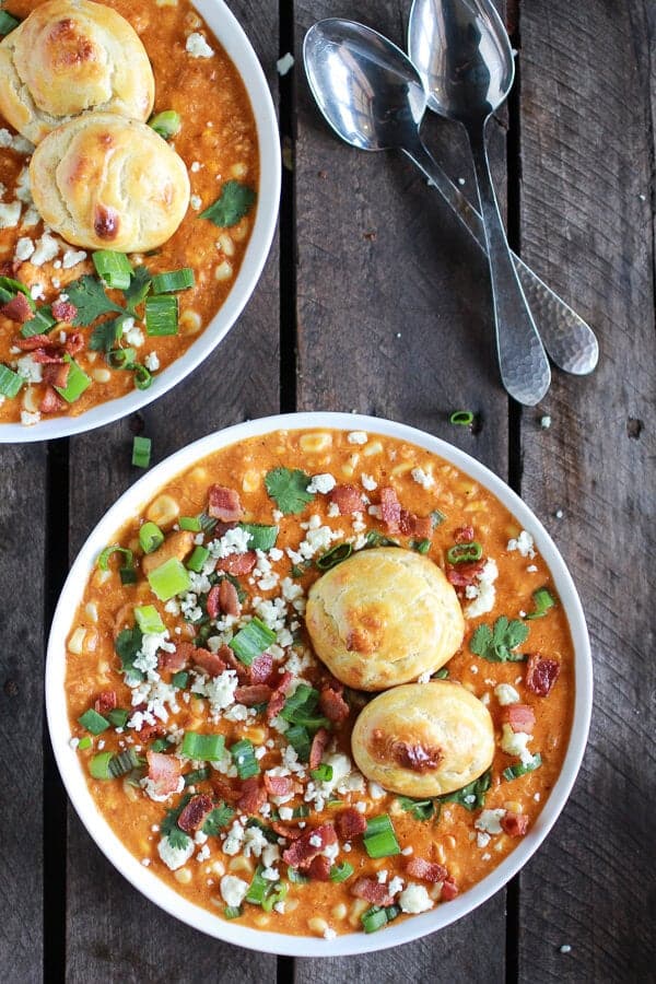 Buffalo Chicken Corn Chowder with Blue Cheese Gougères | halfbakedharvest.com