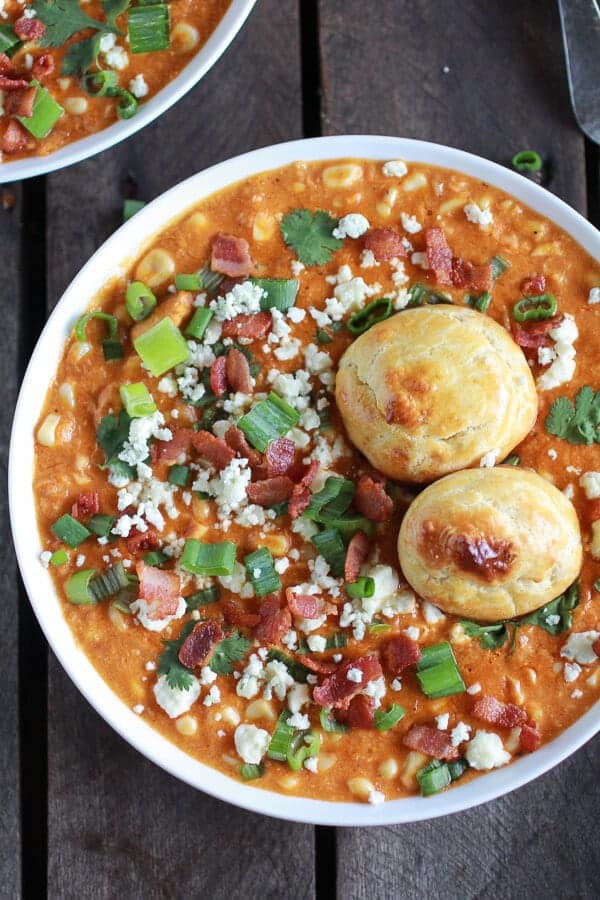 Buffalo Chicken Corn Chowder with Blue Cheese Gougères | halfbakedharvest.com