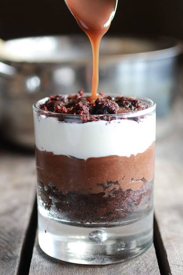 Chocolate Lovers Triple Layer Coffee Caramel Chocolate Mousse Cakes | halfbakedharvest.com