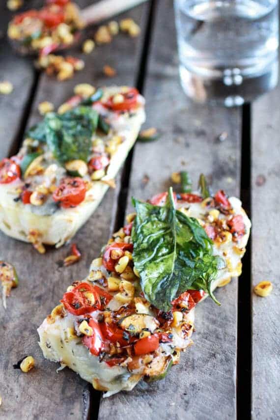 Simple Crispy Basil Caramelized Garden Vegetable + Fontina French Bread Pizza | halfbakedharvest.com