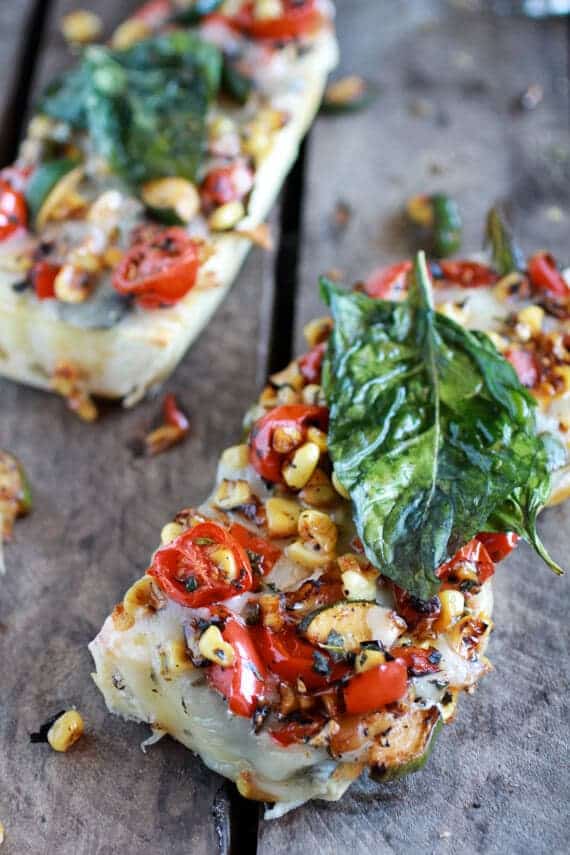 Simple Crispy Basil Caramelized Garden Vegetable + Fontina French Bread Pizza | halfbakedharvest.com