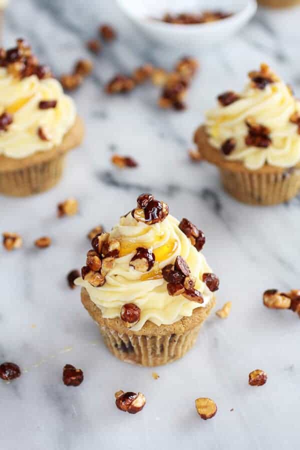 Honey Toasted Hazelnut Chocolate Chunk Cupcakes with Boozy Honey Buttercream Frosting | halfbakedharvest.com