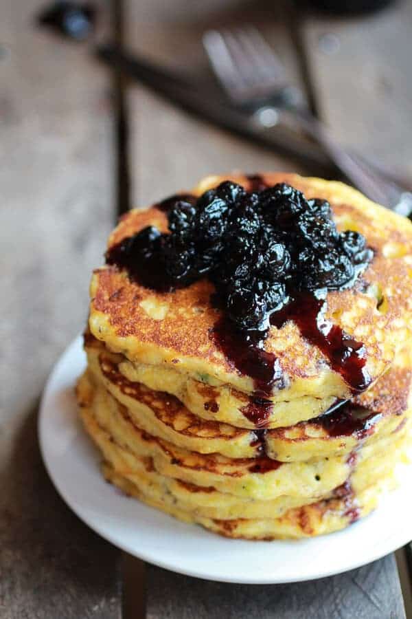 Jalapeño Cheddar Cornbread Pancakes with Roasted Blueberry Honey Syrup | halfbakedharvest.com