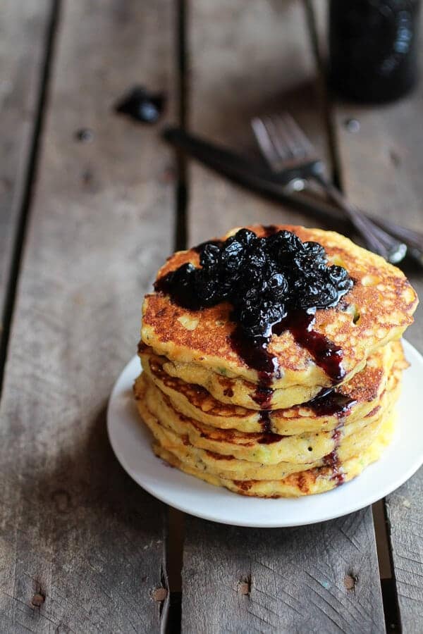 Jalapeño Cheddar Cornbread Pancakes with Roasted Blueberry Honey Syrup | halfbakedharvest.com