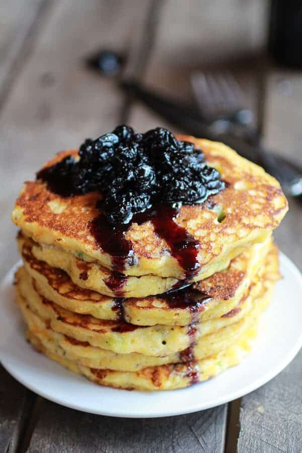Jalapeño Cheddar Cornbread Pancakes with Roasted Blueberry Honey Syrup | halfbakedharvest.com