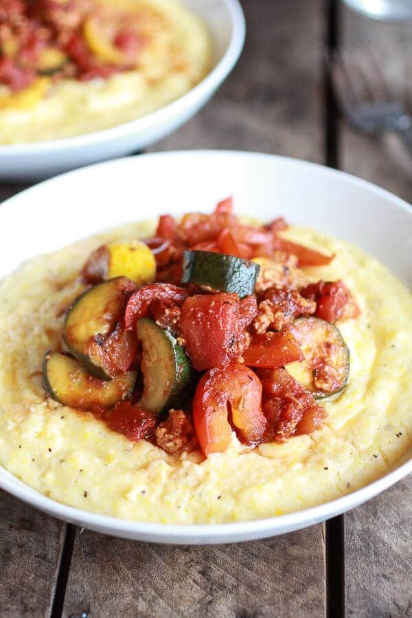 Ratatouille with Spicy Italian Chicken Sausage and Creamy Polenta | halfbakedharvest.com